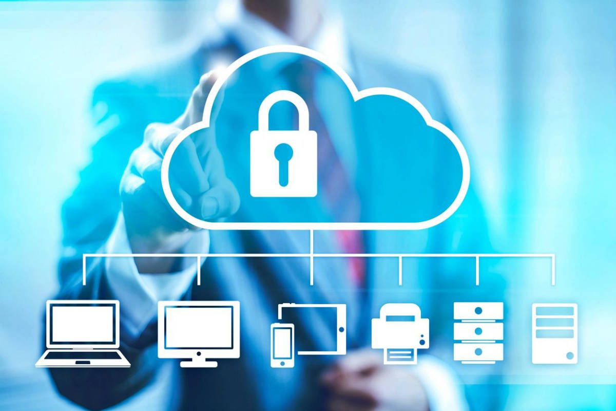 Floating icons of a cloud and multiple devices and a man in the background